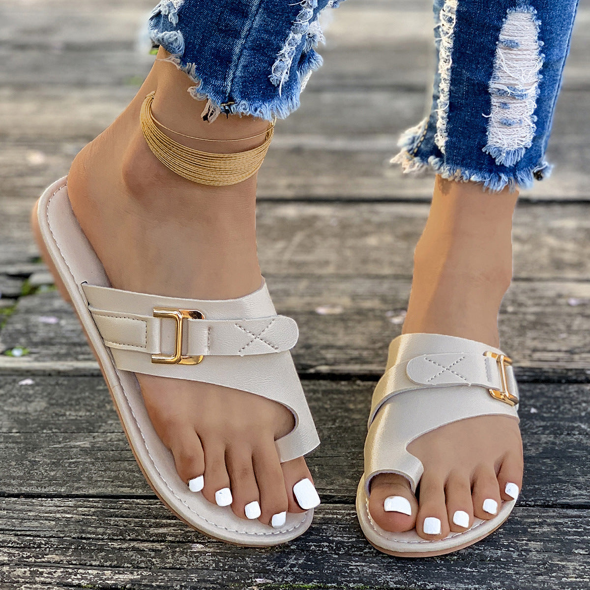 Women's Summer Flats Toe Loop Buckle Strap Sandals Casual Fashion Shoes
