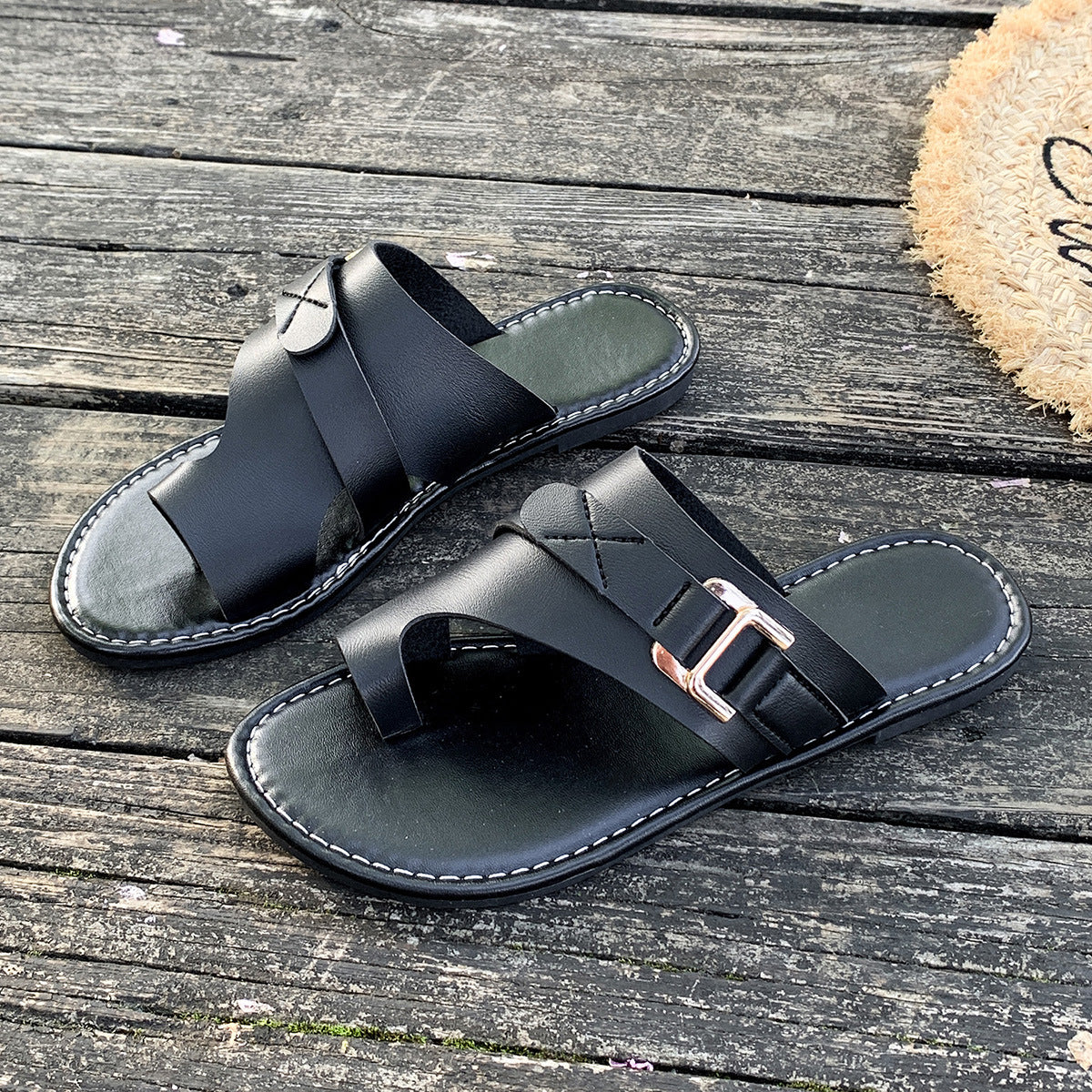 Women's Summer Flats Toe Loop Buckle Strap Sandals Casual Fashion Shoes