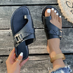 Women's Summer Flats Toe Loop Buckle Strap Sandals Casual Fashion Shoes