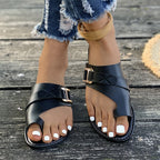 Women's Summer Flats Toe Loop Buckle Strap Sandals Casual Fashion Shoes