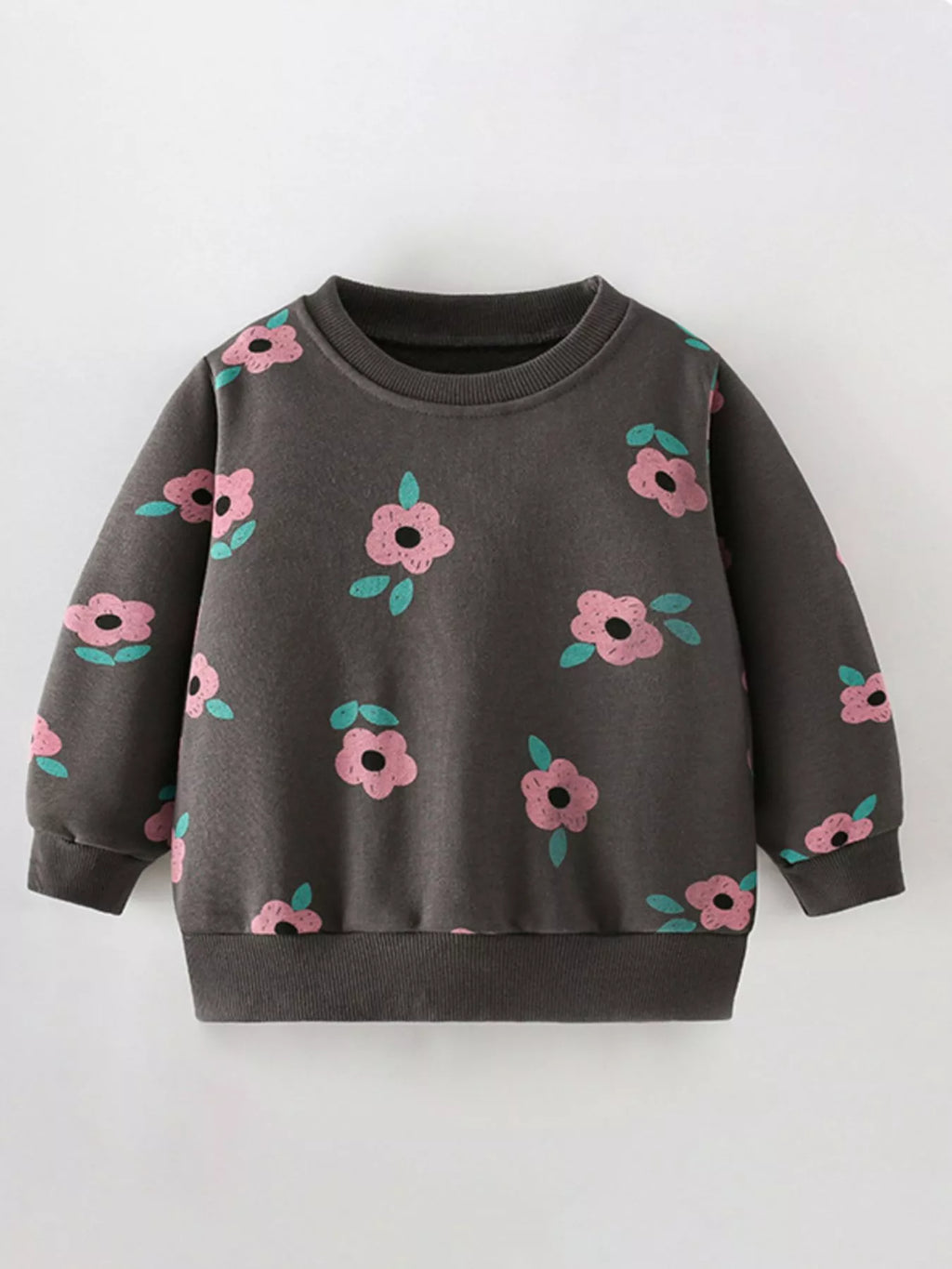 Children Girls Swetashirt Brown Floral Print Crew Neck Pulover Dark Gray Children_Girls_Swetashirt_Brown_Floral_Print_Crew_Neck_Pulover Trendsi