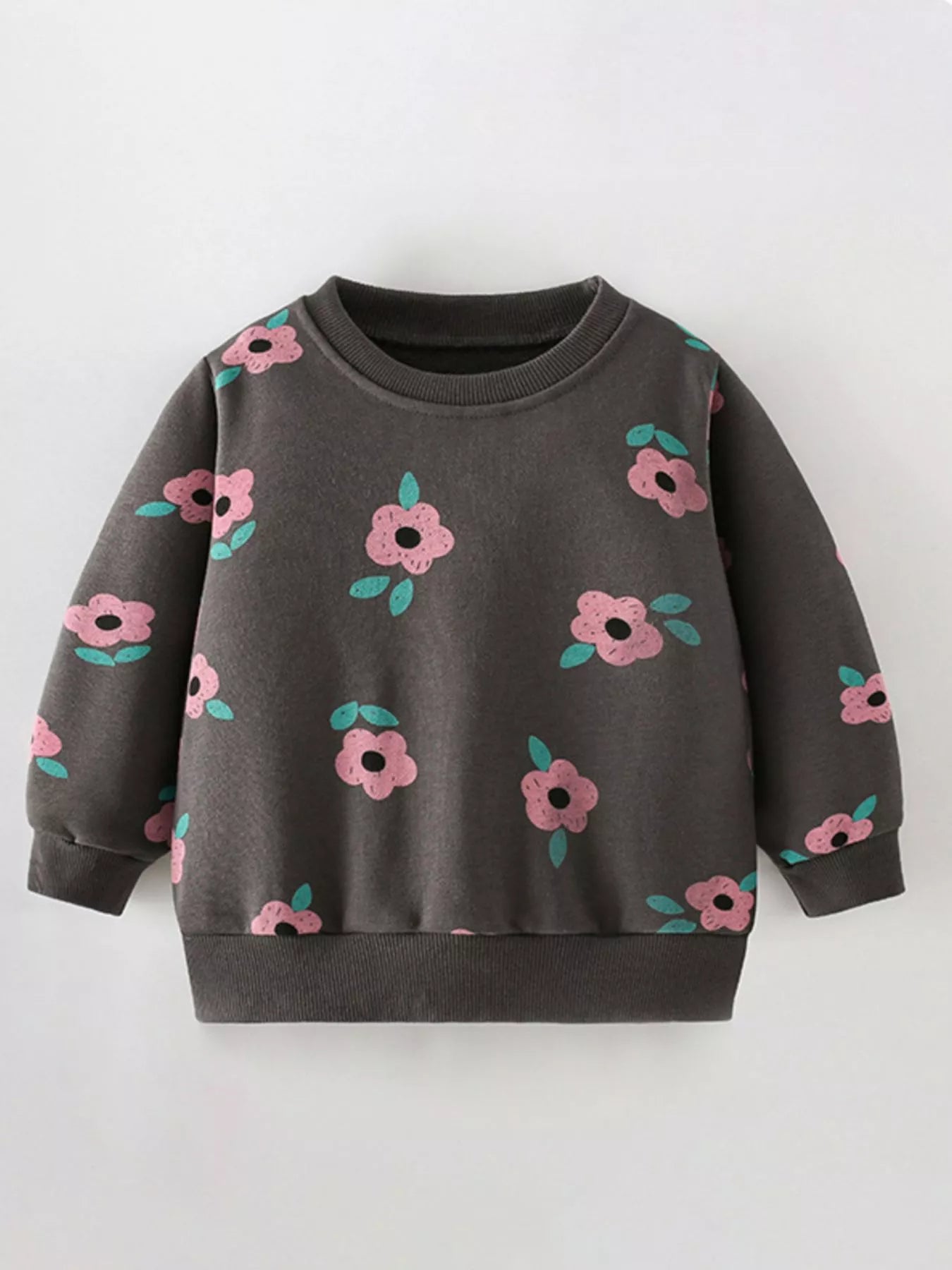 Children Girls Swetashirt Brown Floral Print Crew Neck Pulover Dark Gray Children_Girls_Swetashirt_Brown_Floral_Print_Crew_Neck_Pulover Trendsi