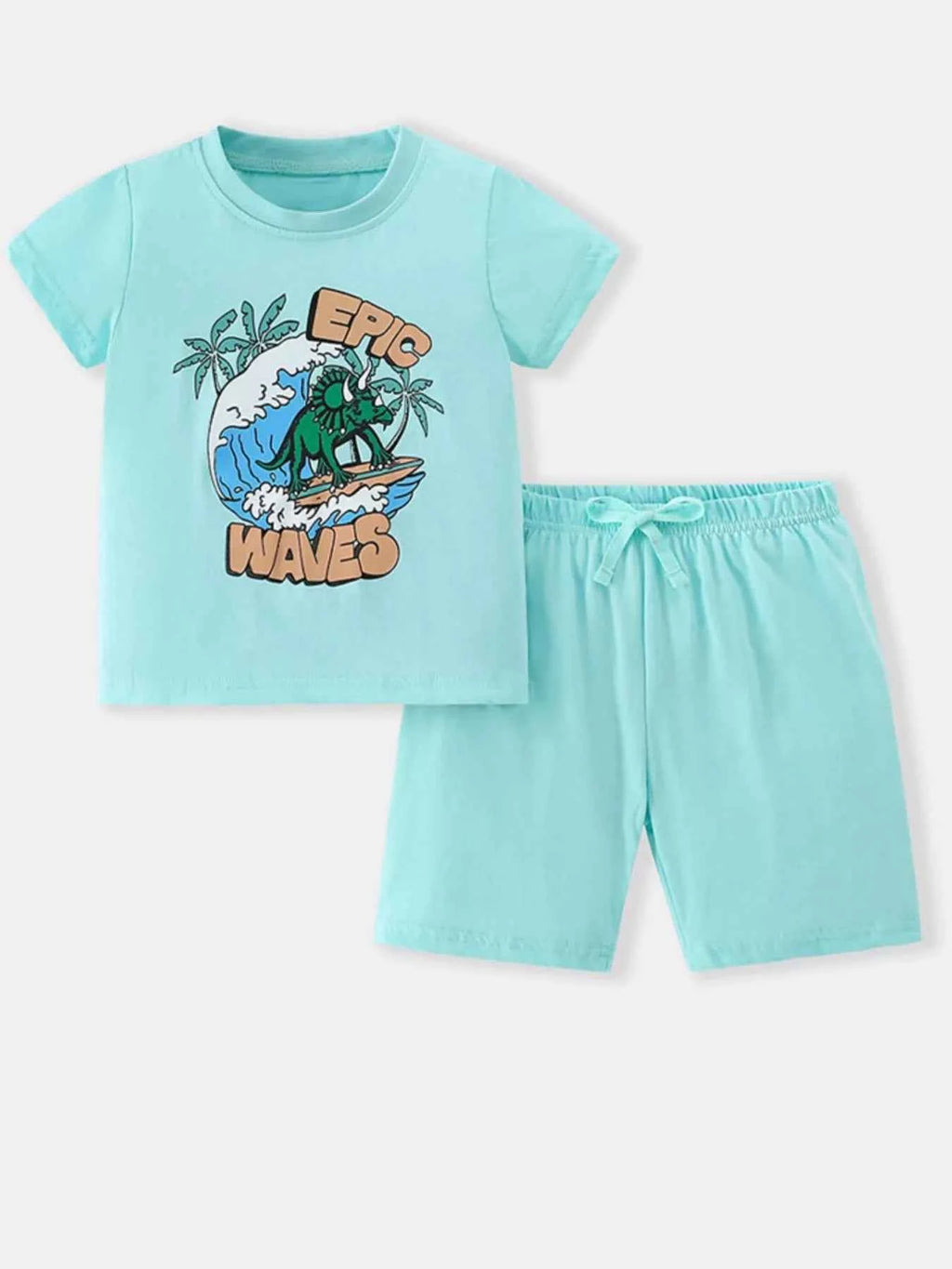 Children's Boy's Set Cotton Dinosaur Surfing Adventure Graphic T-Shirt and Shorts 
