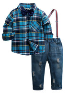 Children's Boy's Set Plaid Shirt & Distressed Jeans with Suspenders Dark Navy Children_s_Boy_s_Set_Plaid_Shirt_Distressed_Jeans_with_Suspenders Trendsi