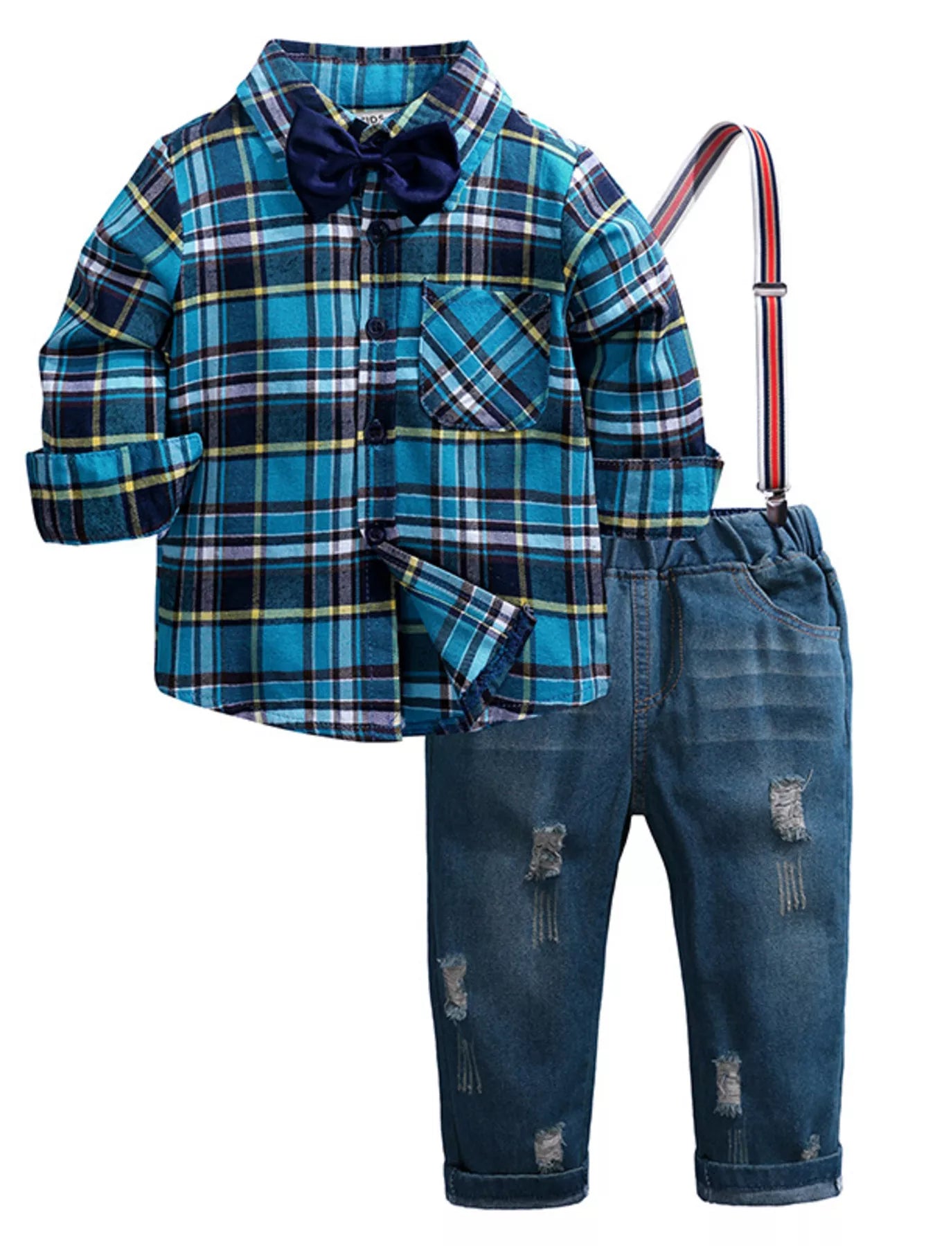 Children's Boy's Set Plaid Shirt & Distressed Jeans with Suspenders Dark Navy