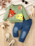 Children's Outfit Set Cartoon Animal Print Sweatshirt & Jeans 2 Pcs Army Green Children_s_Outfit_Set_Cartoon_Animal_Print_Sweatshirt_Jeans_2_Pcs Trendsi