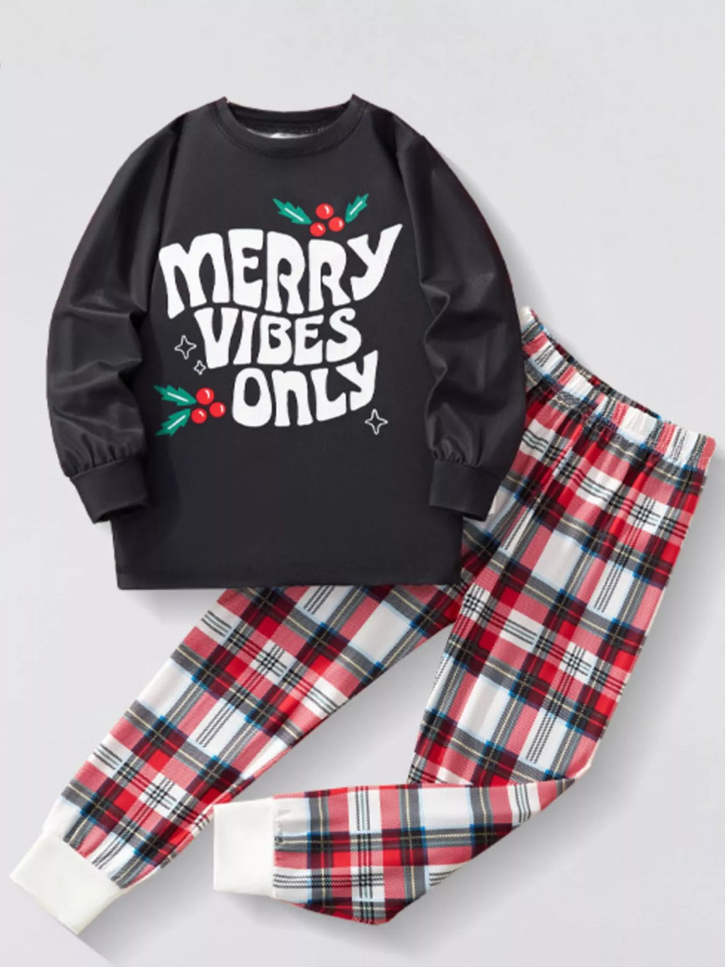 Children's Pajama Set Christmas Round Neck Black Top and Plaid Pants for Boys Black Children_s_Pajama_Set_Christmas_Round_Neck_Black_Top_and_Plaid_Pants_for_Boys Trendsi