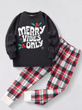 Children's Pajama Set Christmas Round Neck Black Top and Plaid Pants for Boys Black Children_s_Pajama_Set_Christmas_Round_Neck_Black_Top_and_Plaid_Pants_for_Boys Trendsi