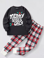 Children's Pajama Set Christmas Round Neck Black Top and Plaid Pants for Boys Black Children_s_Pajama_Set_Christmas_Round_Neck_Black_Top_and_Plaid_Pants_for_Boys Trendsi