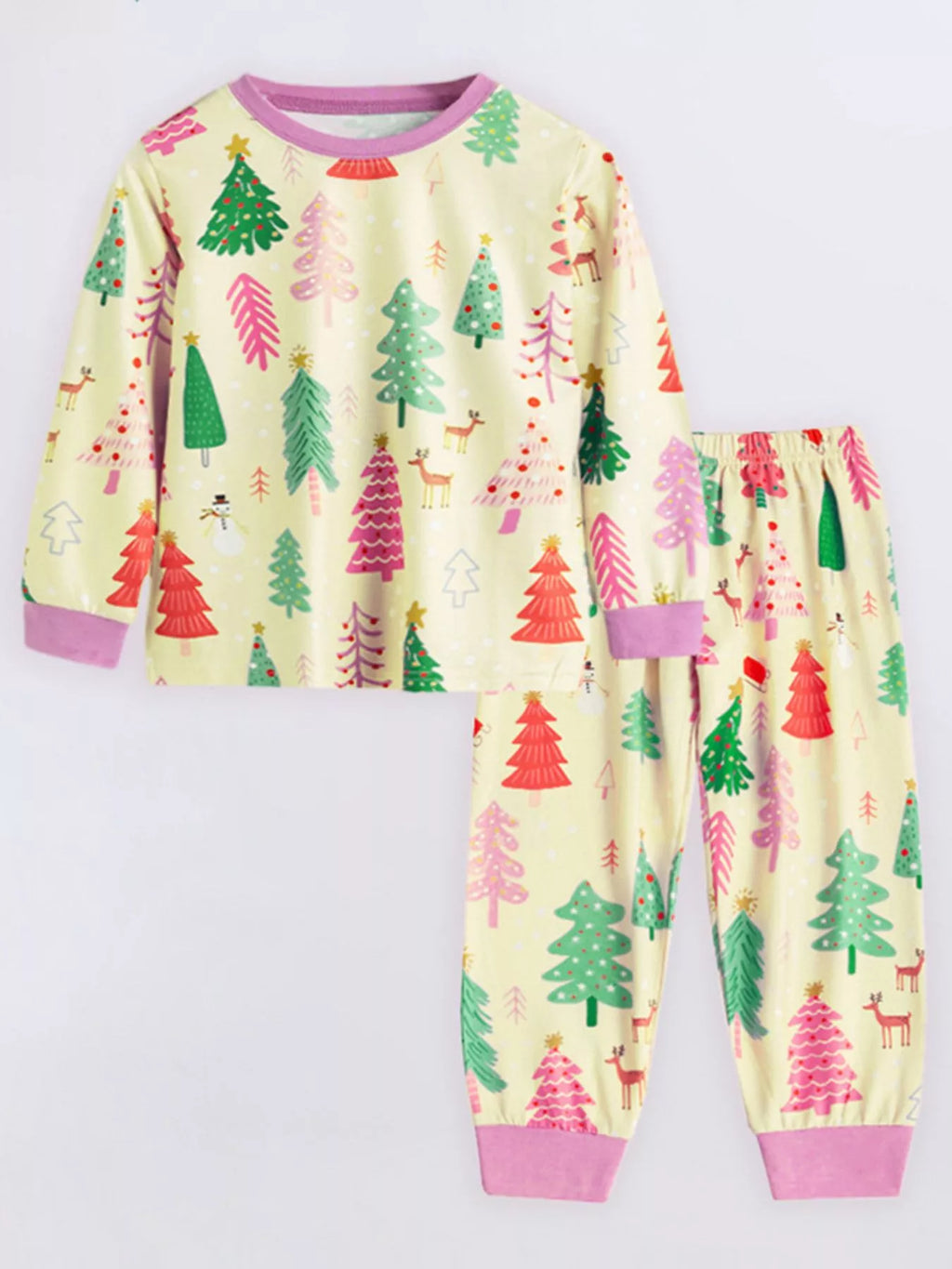 Children's Pajama Set Christmas Tree Print Colorful Top and Pants Light Yellow Children_s_Pajama_Set_Christmas_Tree_Print_Colorful_Top_and_Pants Trendsi