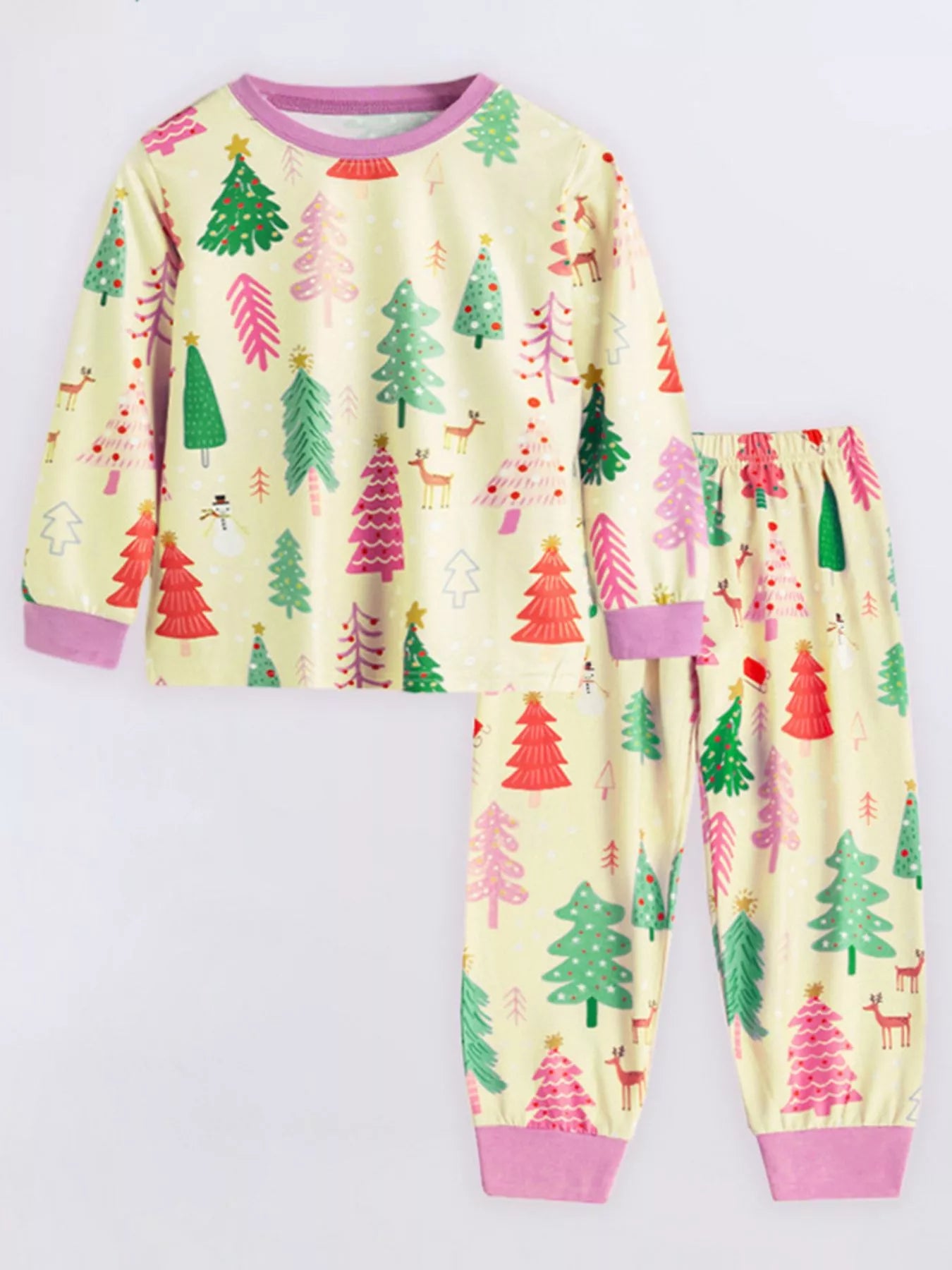 Children's Pajama Set Christmas Tree Print Colorful Top and Pants Light Yellow Children_s_Pajama_Set_Christmas_Tree_Print_Colorful_Top_and_Pants Trendsi