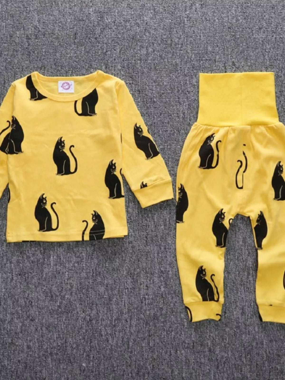 Children's Set Top and Pants Cute Cat Print Long Sleeve Yellow 2 Pcs