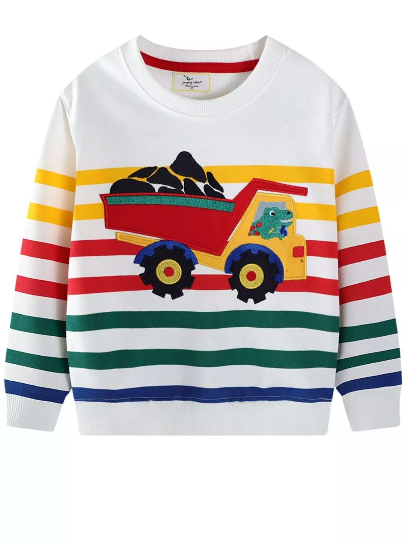 Children's Sweatshirt White Striped Cartoon Truck Print Pullover for Boys White Children_s_Sweatshirt_White_Striped_Cartoon_Truck_Print_Pullover_for_Boys Trendsi