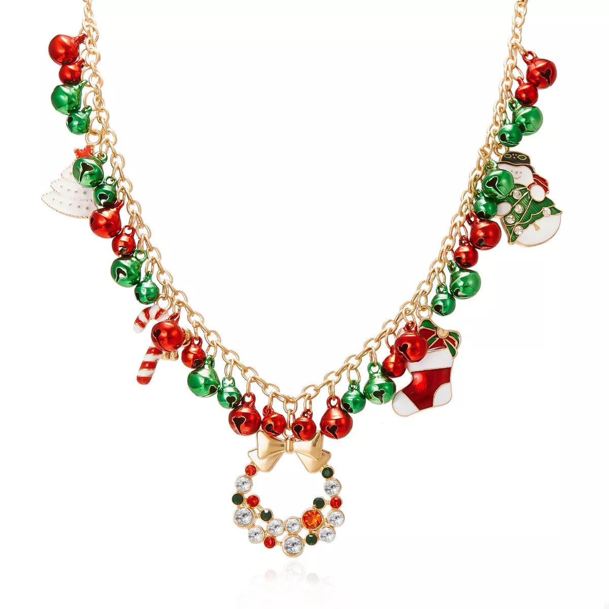 Christmas Charm Necklace 18K Gold-Plated Multicolor Rhinestone