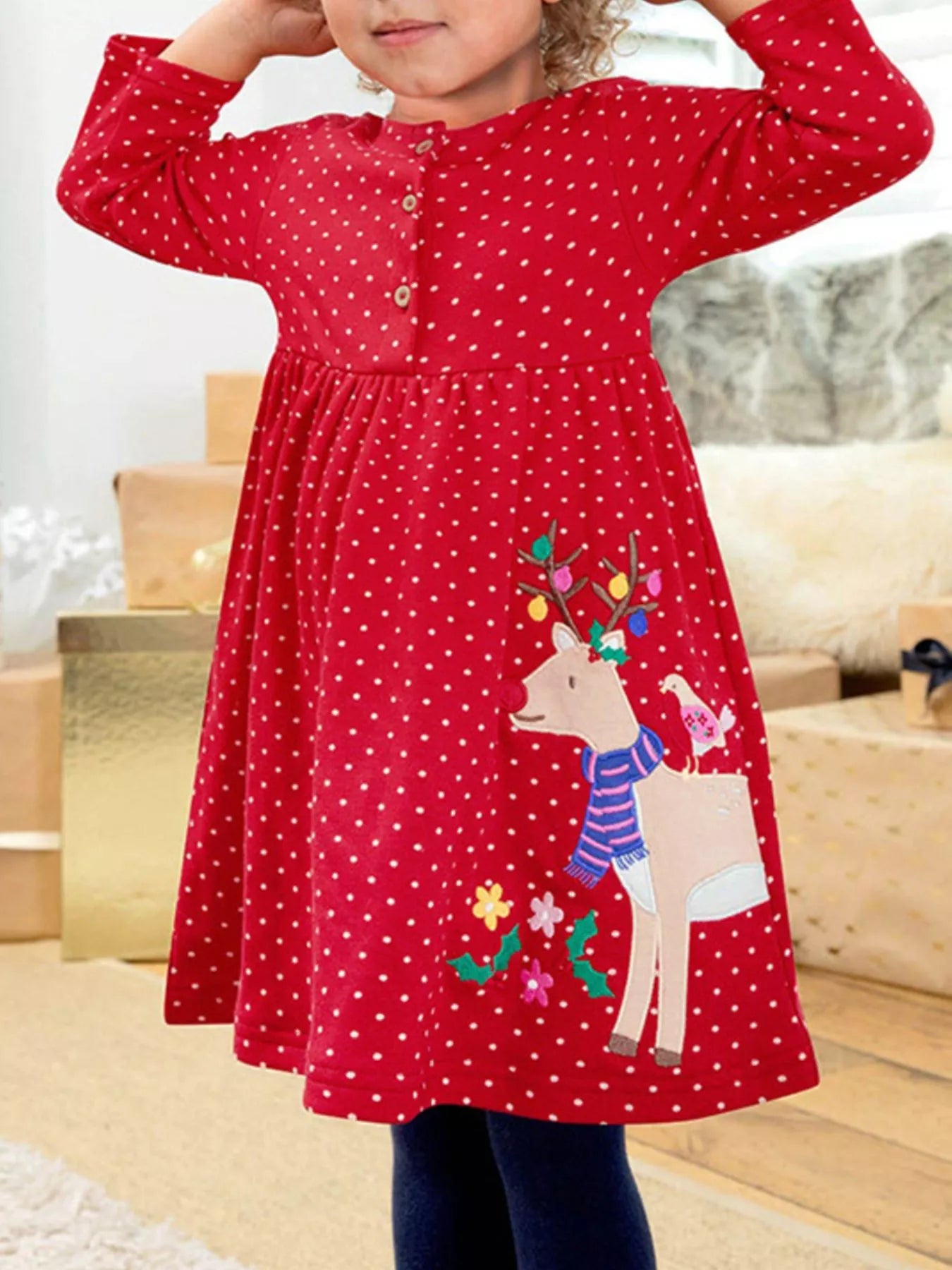 Children's Reindeer Polka Dot Button Detail Dress Red Christmas_Girl_s_Dress_Red_Reindeer_Polka_Dot_Button_Detail_for_Childrens Trendsi