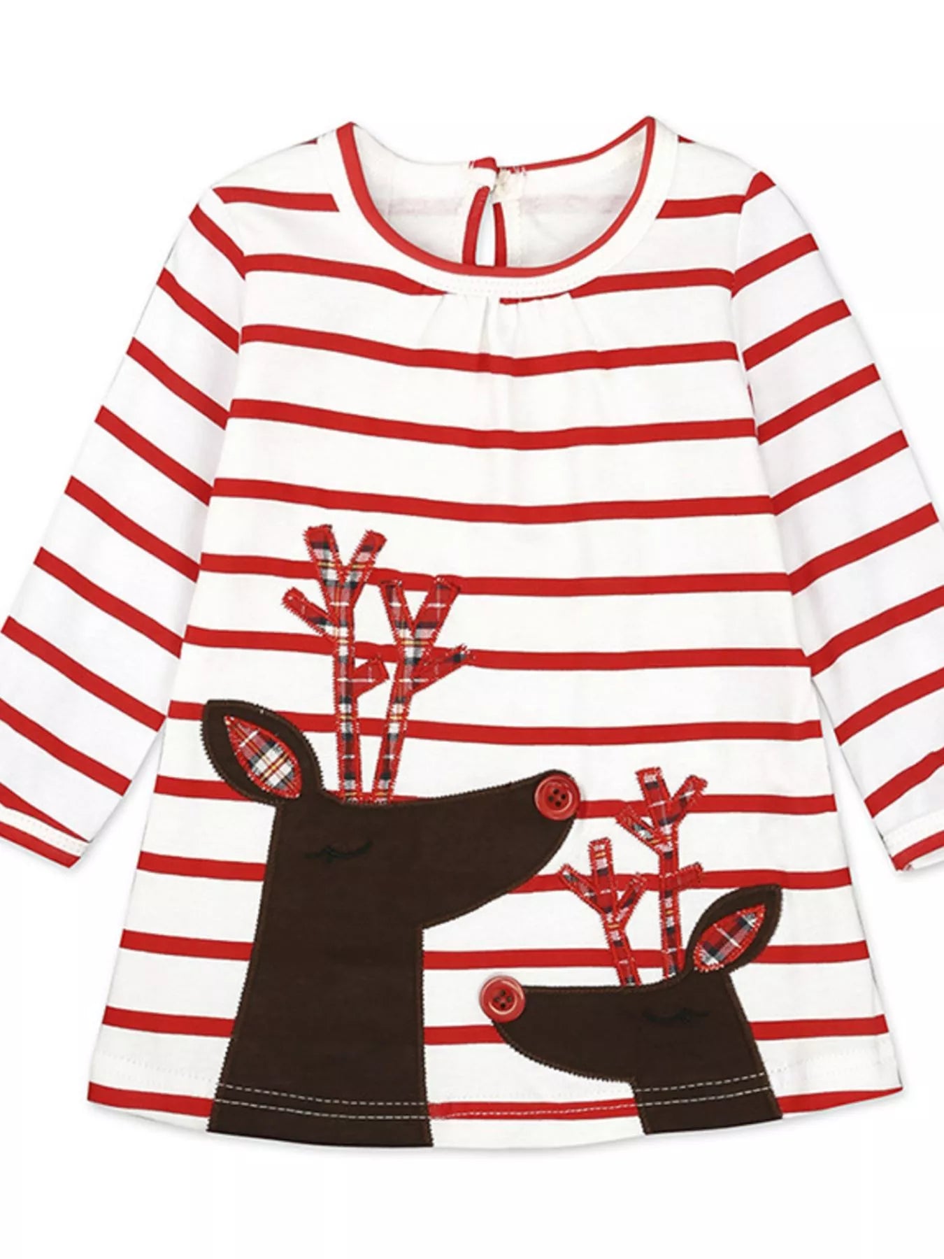 Christmas Girl's Dress Striped Reindeer Children's A -Line Long Sleeve White