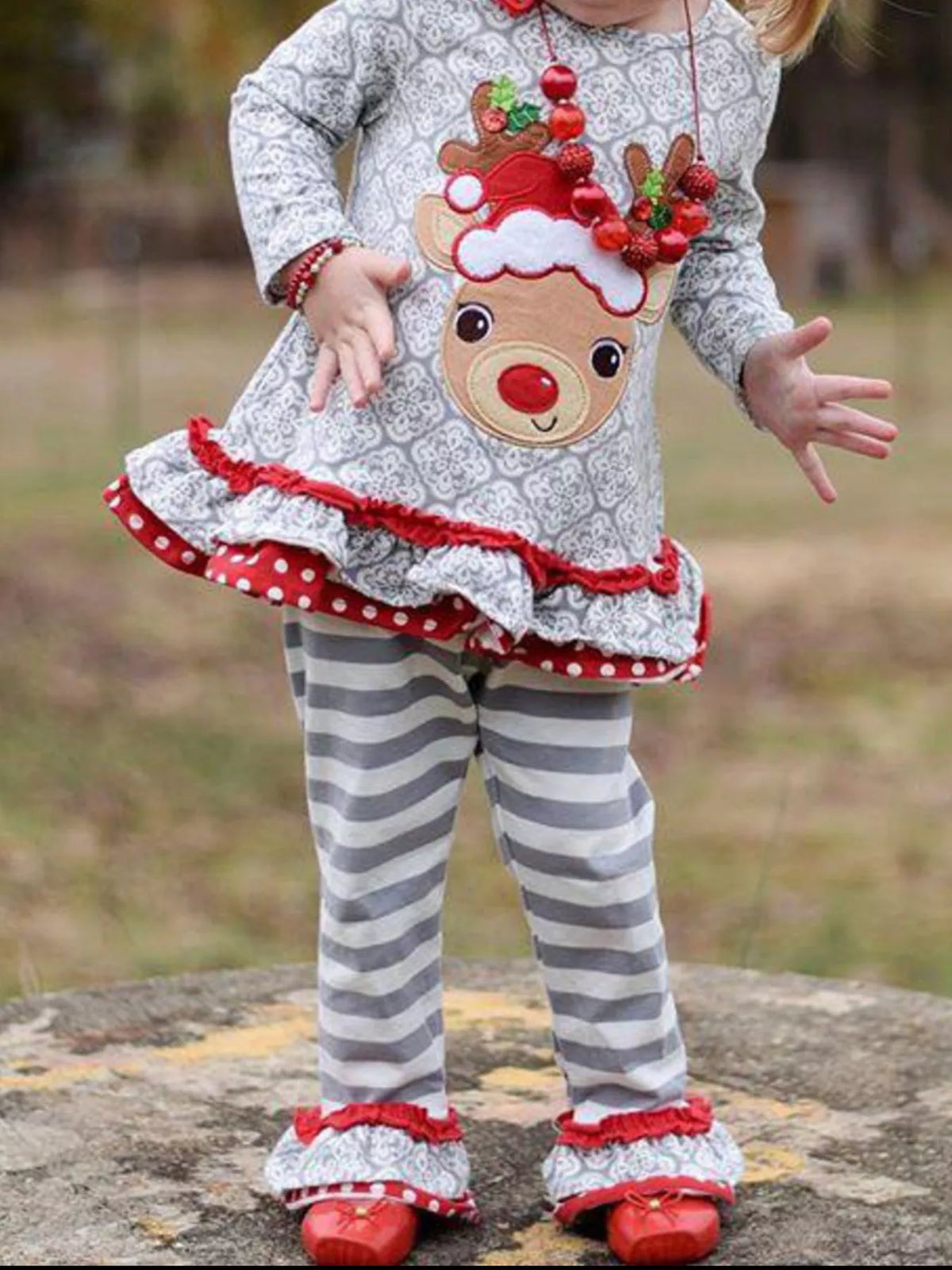 Christmas Girl's Set Children's Reindeer Ruffle Trim Outfit Set 2 Pcs White