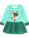 Christmas Grl's Dress Turquoise Reindeer Applique Striped Long Sleeve for Children Turquoise Christmas_Grl_s_Dress_Turquoise_Reindeer_Applique_Striped_Long_Sleeve_for_Children Trendsi