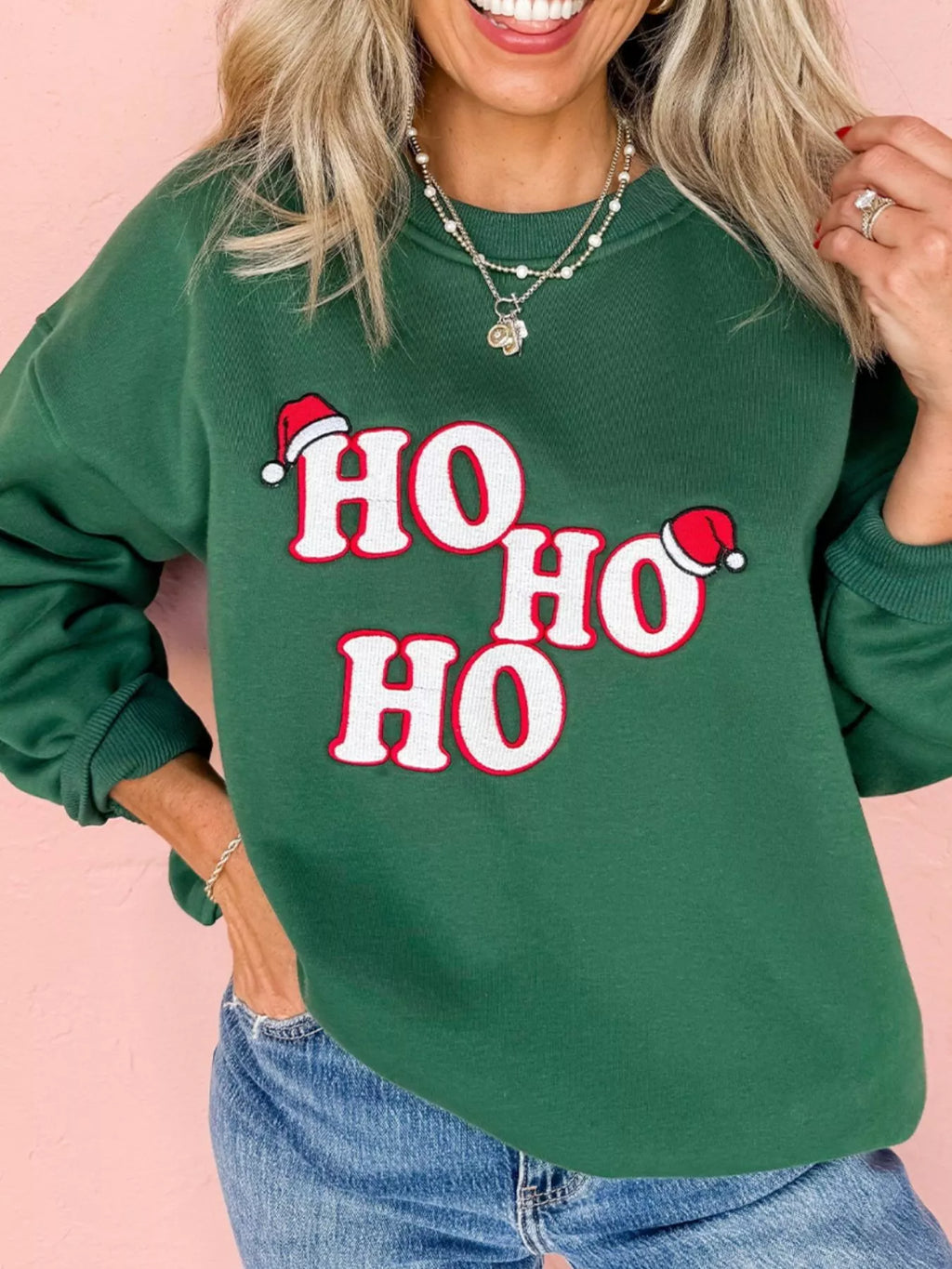Christmas Sweatshirt Women's Embroidered Ho Ho Letter Round Neck Top Dark Green Christmas_Sweatshirt_Women_s_Embroidered_Ho_Ho_Letter_Round_Neck_Top Trendsi