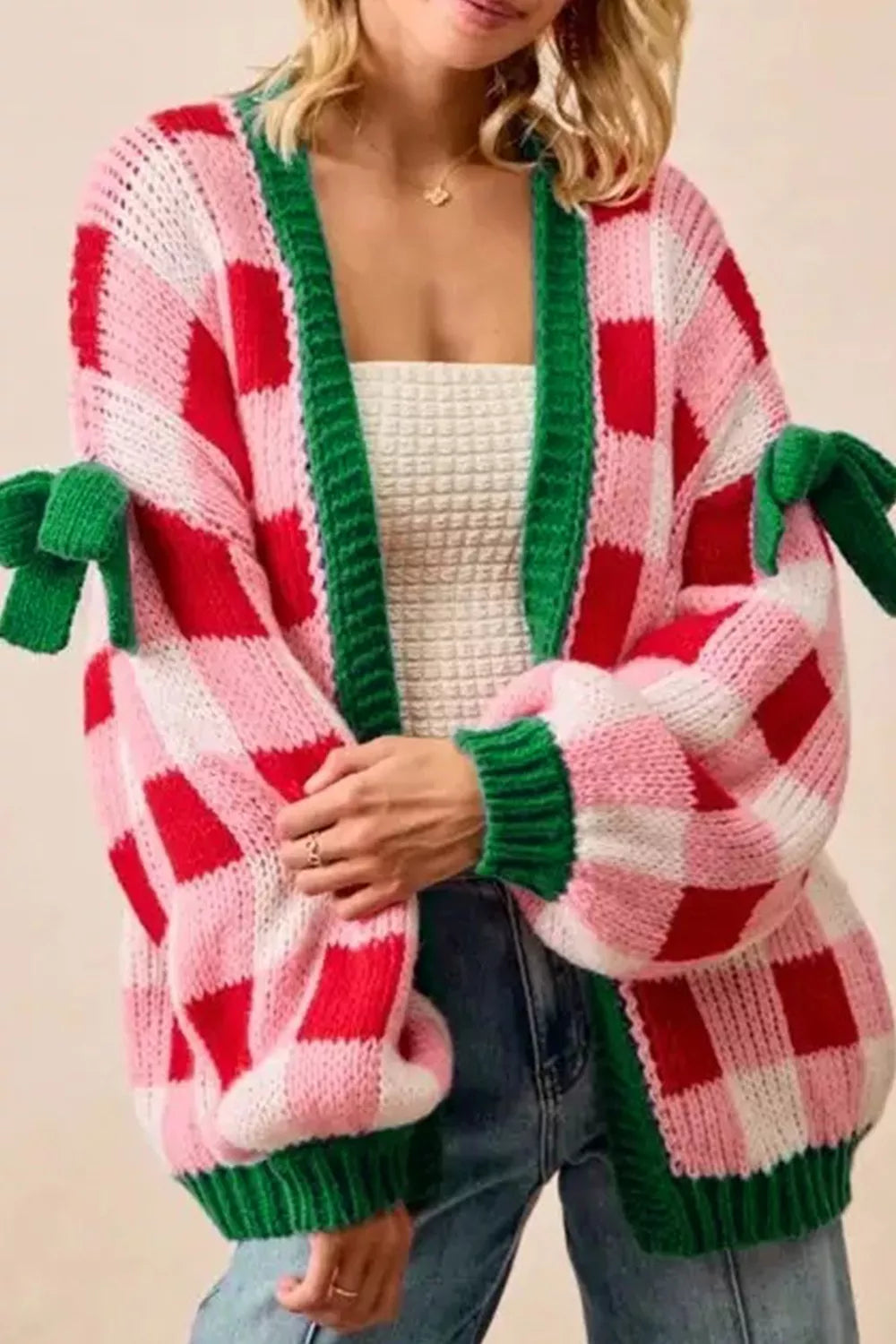 Christmas Womens Cardigan Checkered Knit Bow-Tie Sleeves Oversized Strawberry Christmas_Womens_Cardigan_Checkered_Knit_Bow-Tie_Sleeves_Oversized Trendsi