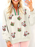 Christmas Womens Sweatshirt Sequin Santa Gift Striped Patchwork Zip Neck Light Gray Christmas_Womens_Sweatshirt_Sequin_Santa_Gift_Striped_Patchwork_Zip_Neck Trendsi