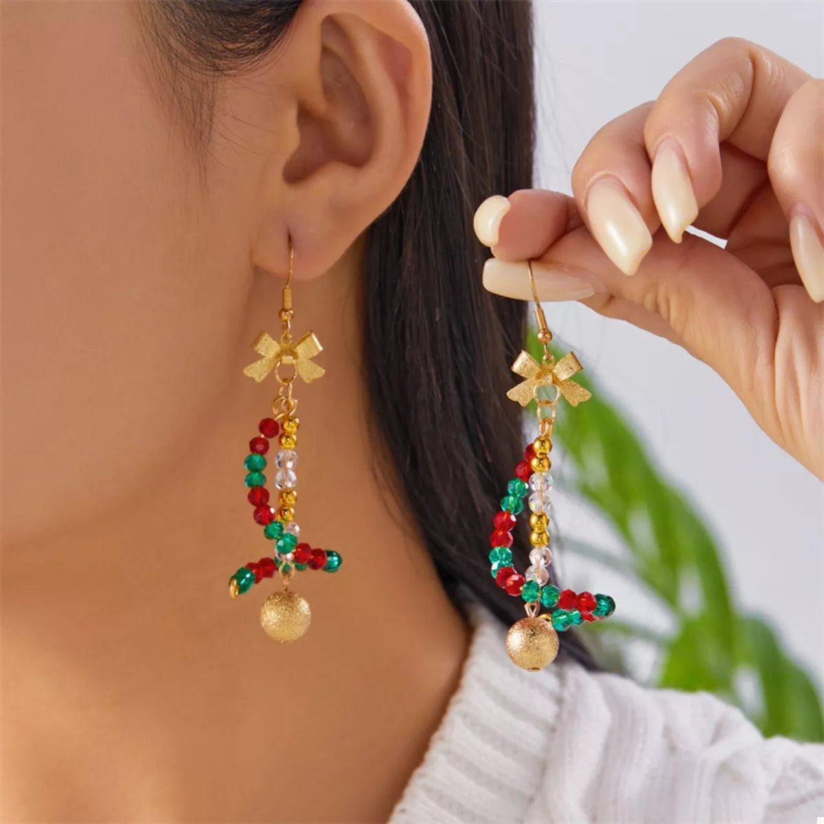 Christmas dangle Earrings 18K Gold-Plated Bead Bow Gold One Size Christmas_dangle_Earrings_18K_Gold-Plated_Bead_Bow Trendsi