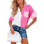 Color Block Casual Shirt Blouse Cotton V-Neck Collar Pink White Short Sleeve Top