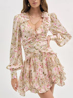 Floral Ruffle Mini Party Dress V-Neck Ruched Buttoned Corset Waist Long Sleeve