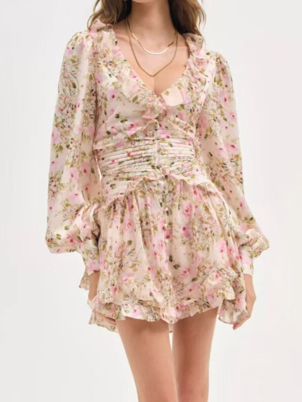 Floral Ruffle Mini Party Dress V-Neck Ruched Buttoned Corset Waist Long Sleeve