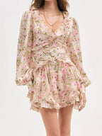 Floral Ruffle Mini Party Dress V-Neck Ruched Buttoned Corset Waist Long Sleeve