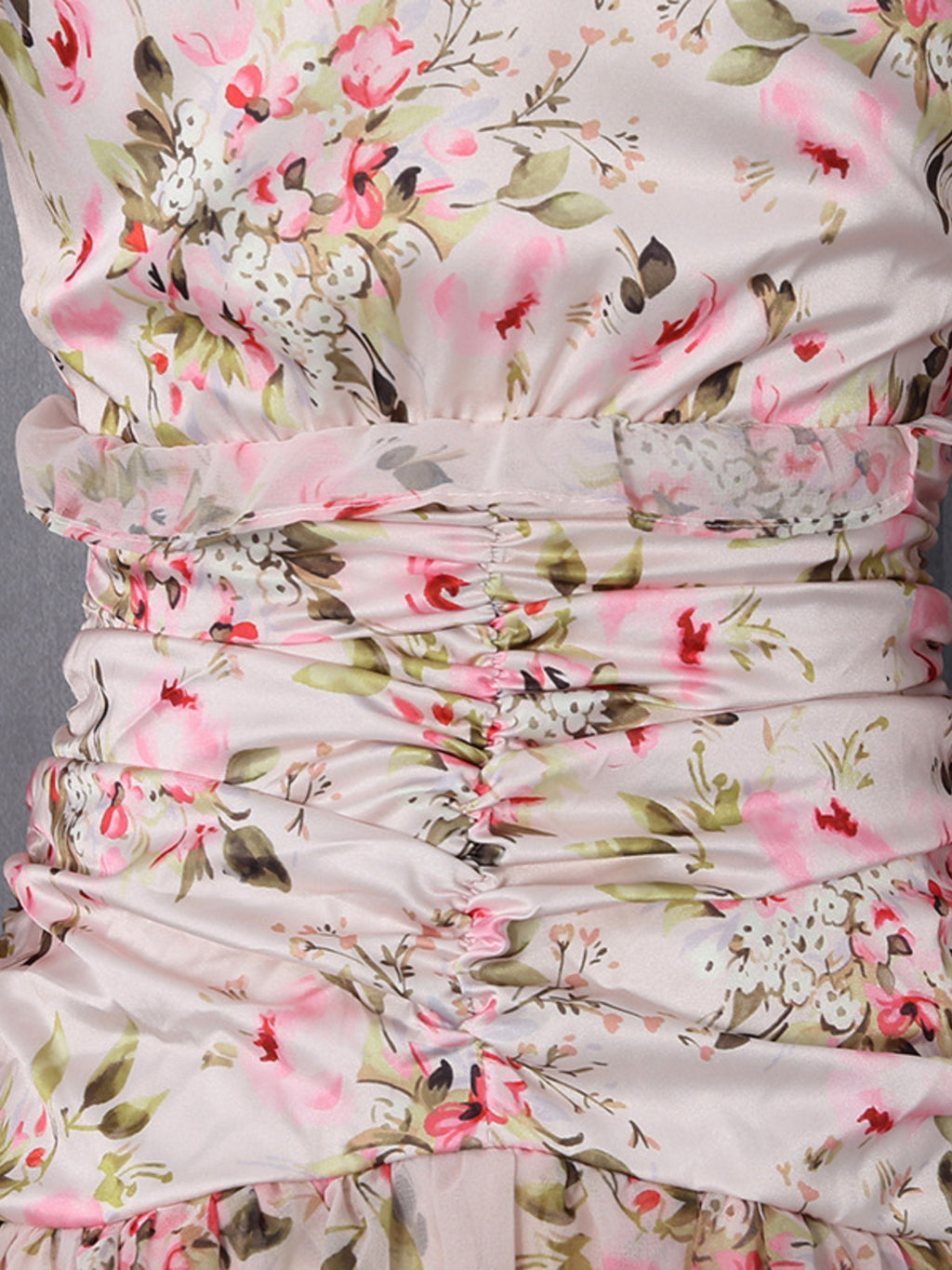 Floral Ruffle Mini Party Dress V-Neck Ruched Buttoned Corset Waist Long Sleeve