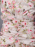 Floral Ruffle Mini Party Dress V-Neck Ruched Buttoned Corset Waist Long Sleeve