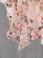 Floral Ruffle Mini Party Dress V-Neck Ruched Buttoned Corset Waist Long Sleeve