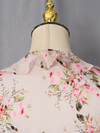 Floral Ruffle Mini Party Dress V-Neck Ruched Buttoned Corset Waist Long Sleeve