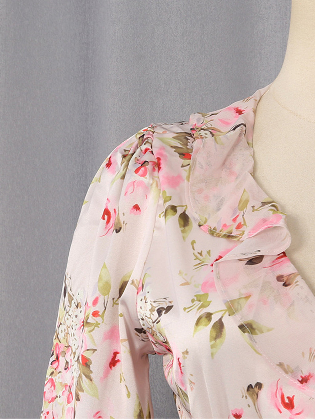 Floral Ruffle Mini Party Dress V-Neck Ruched Buttoned Corset Waist Long Sleeve