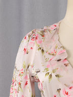 Floral Ruffle Mini Party Dress V-Neck Ruched Buttoned Corset Waist Long Sleeve