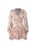 Floral Ruffle Mini Party Dress V-Neck Ruched Buttoned Corset Waist Long Sleeve