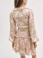 Floral Ruffle Mini Party Dress V-Neck Ruched Buttoned Corset Waist Long Sleeve