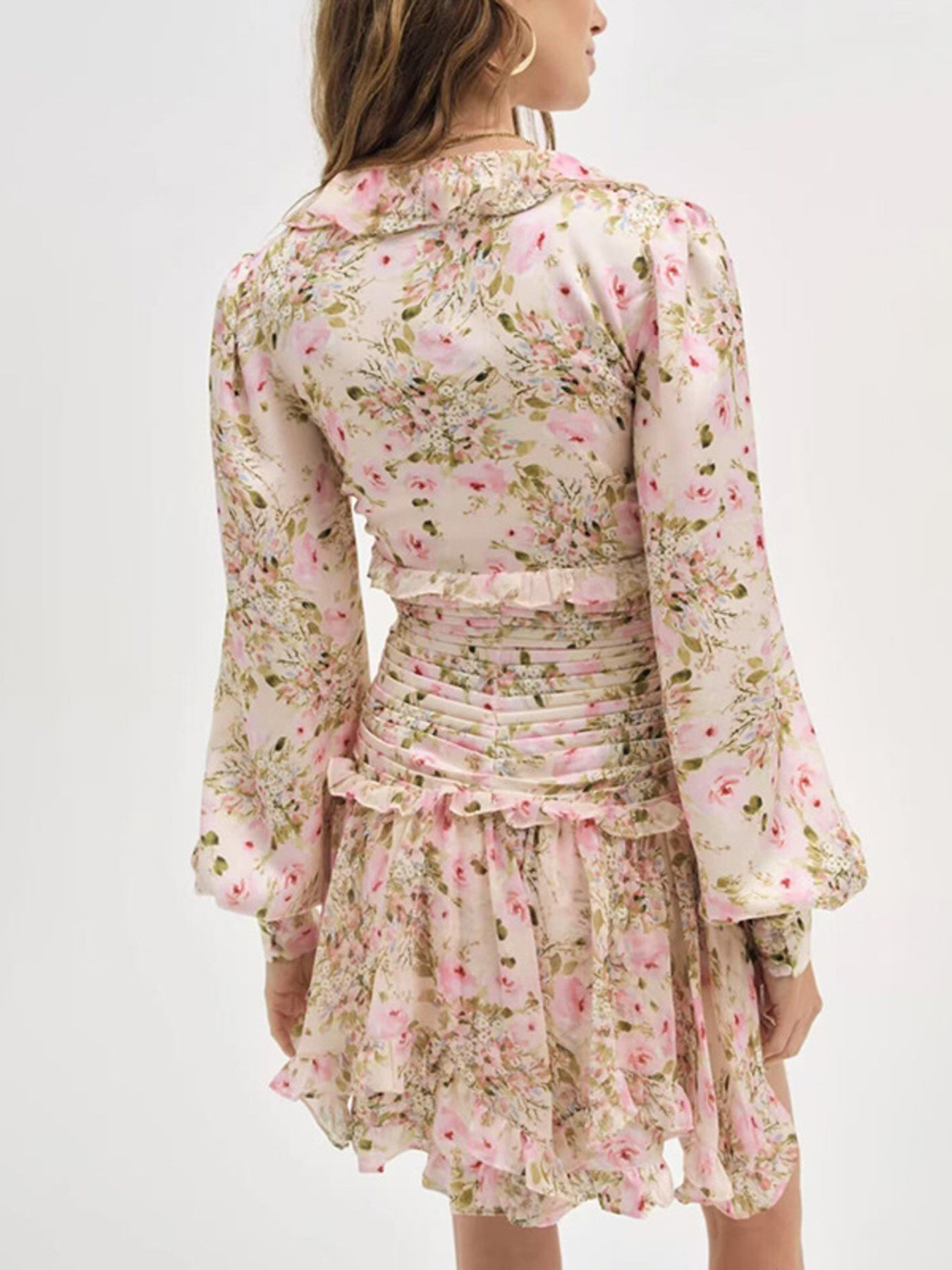 Floral Ruffle Mini Party Dress V-Neck Ruched Buttoned Corset Waist Long Sleeve