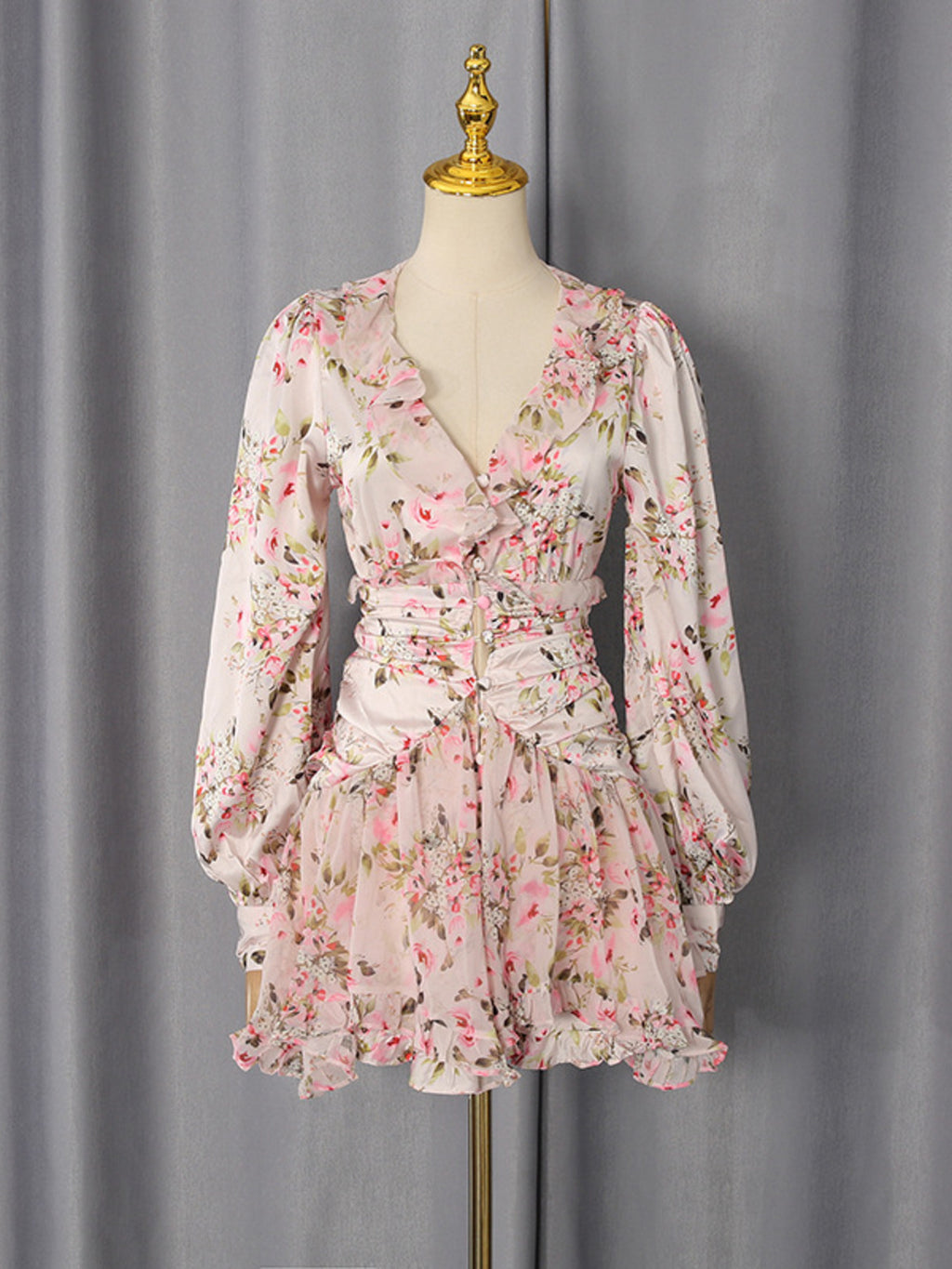 Floral Ruffle Mini Party Dress V-Neck Ruched Buttoned Corset Waist Long Sleeve