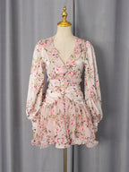Floral Ruffle Mini Party Dress V-Neck Ruched Buttoned Corset Waist Long Sleeve