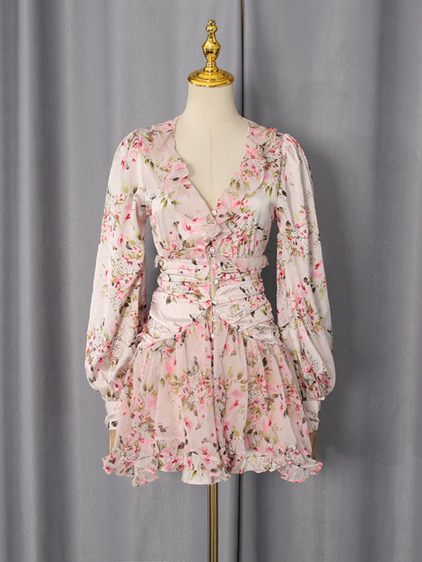 Floral Ruffle Mini Party Dress V-Neck Ruched Buttoned Corset Waist Long Sleeve