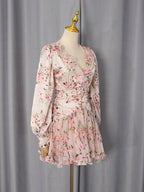 Floral Ruffle Mini Party Dress V-Neck Ruched Buttoned Corset Waist Long Sleeve