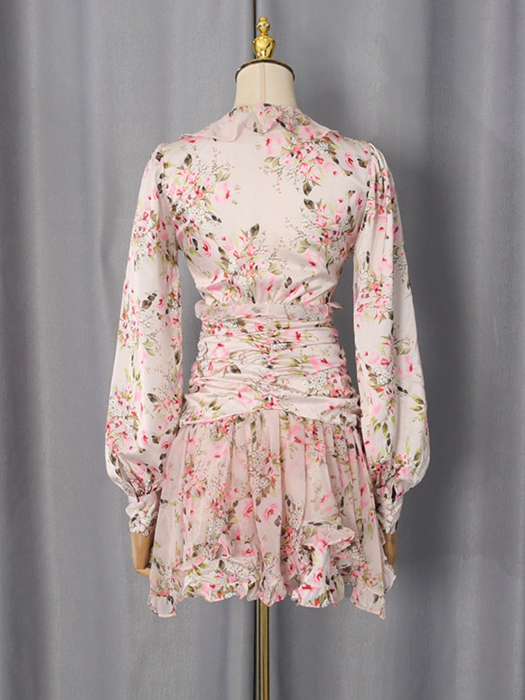 Floral Ruffle Mini Party Dress V-Neck Ruched Buttoned Corset Waist Long Sleeve