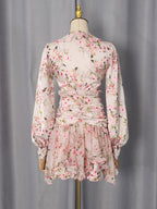 Floral Ruffle Mini Party Dress V-Neck Ruched Buttoned Corset Waist Long Sleeve