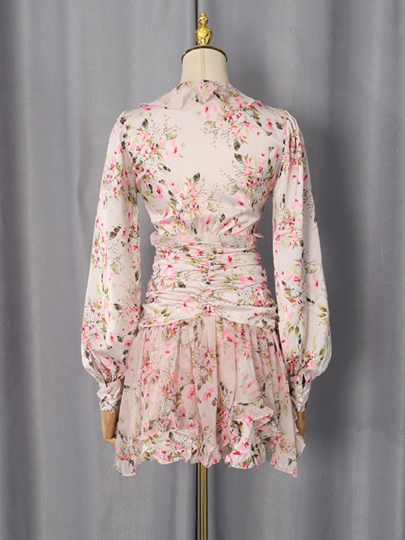Floral Ruffle Mini Party Dress V-Neck Ruched Buttoned Corset Waist Long Sleeve