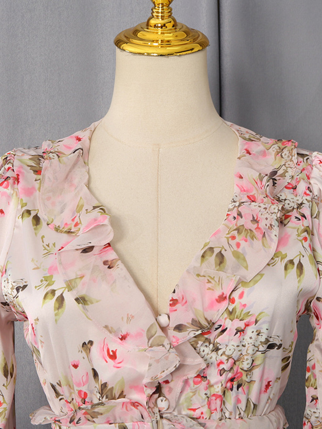 Floral Ruffle Mini Party Dress V-Neck Ruched Buttoned Corset Waist Long Sleeve