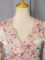 Floral Ruffle Mini Party Dress V-Neck Ruched Buttoned Corset Waist Long Sleeve