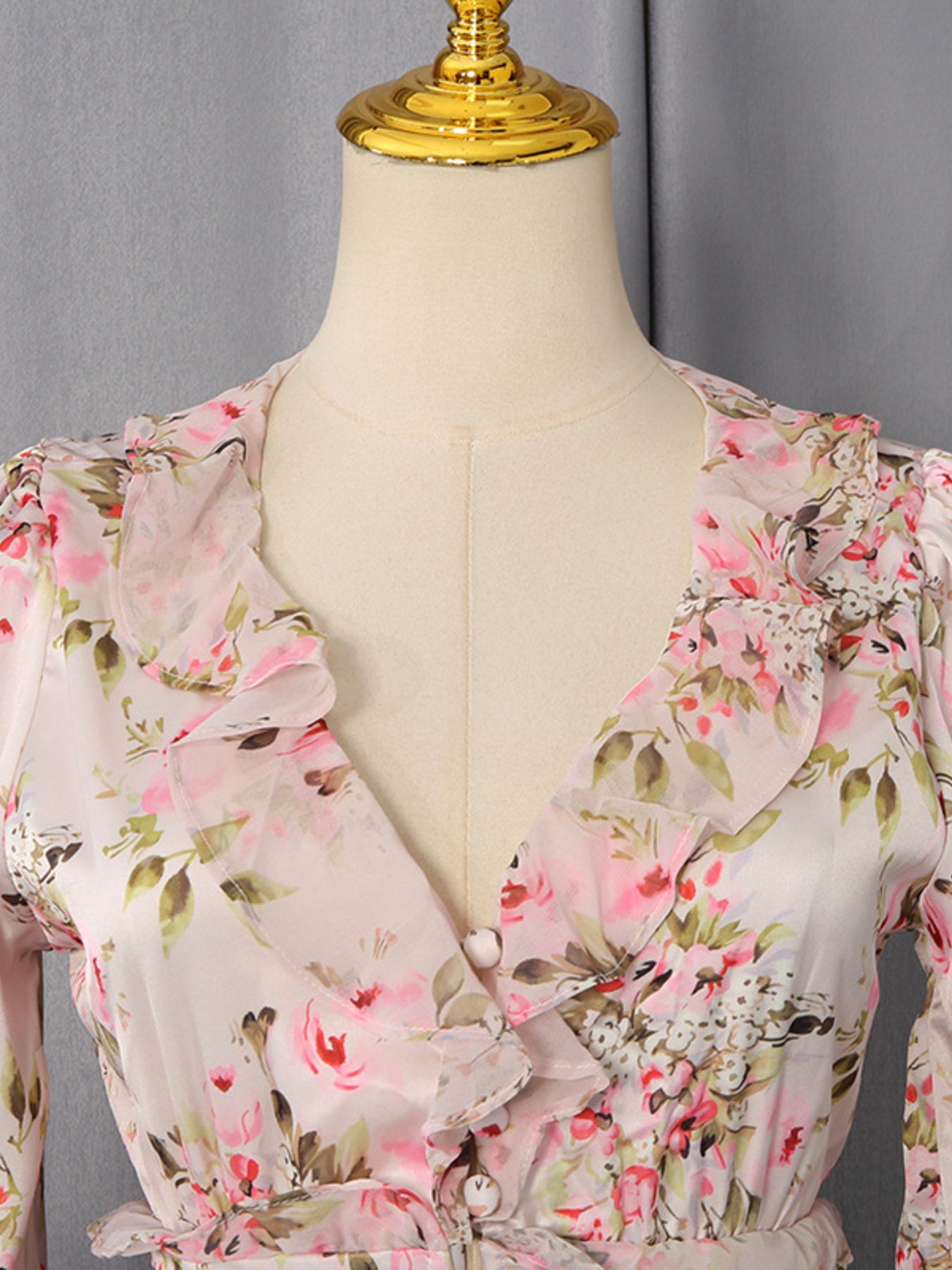 Floral Ruffle Mini Party Dress V-Neck Ruched Buttoned Corset Waist Long Sleeve