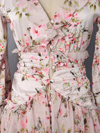 Floral Ruffle Mini Party Dress V-Neck Ruched Buttoned Corset Waist Long Sleeve